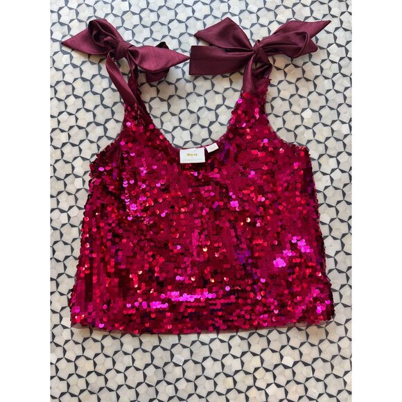 Maeve By Anthropologie Sequined Tie-Strap V-Neck Tank Top Medium Burgundy - Picture 4 of 15